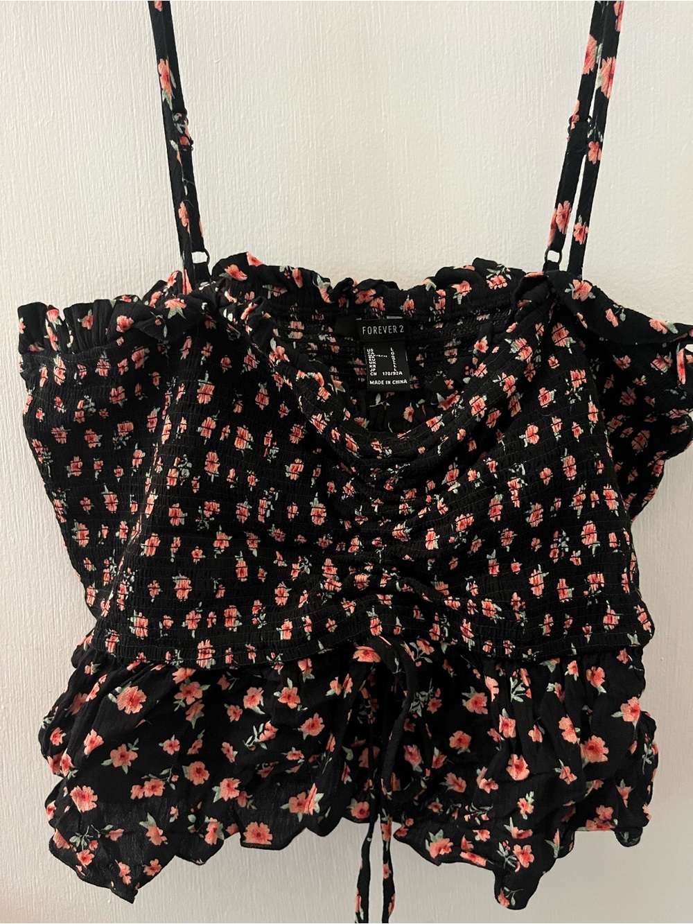 Forever 21 Black Floral Smocked Crop Top Ruffle Cottagecore Sz L NWT